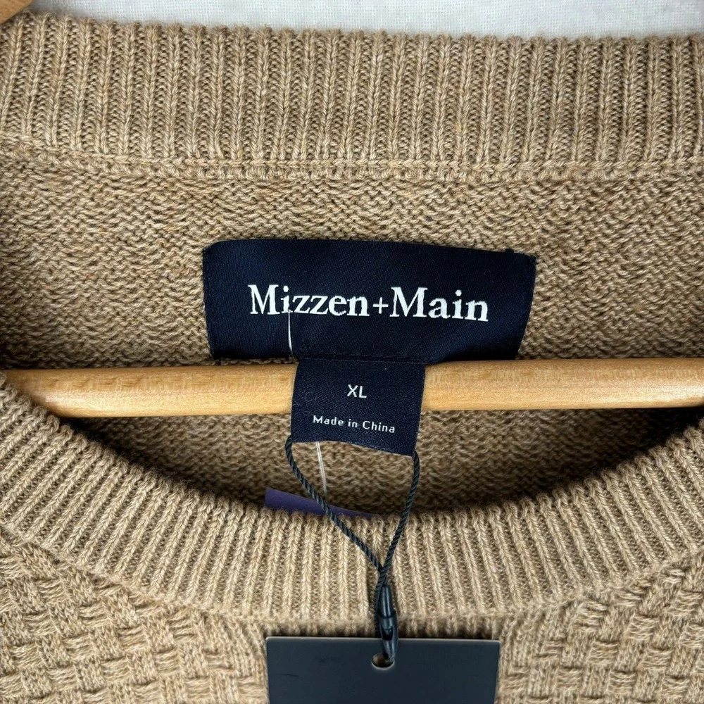 New Mizzen + Main Wool Knit Textured Hillcrest Crewneck Sweater Heather Beige XL